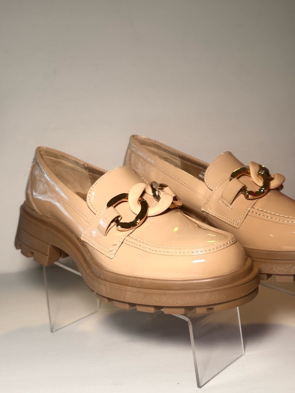Chunky Patent Loafer with Gold Chain Accent - Nude